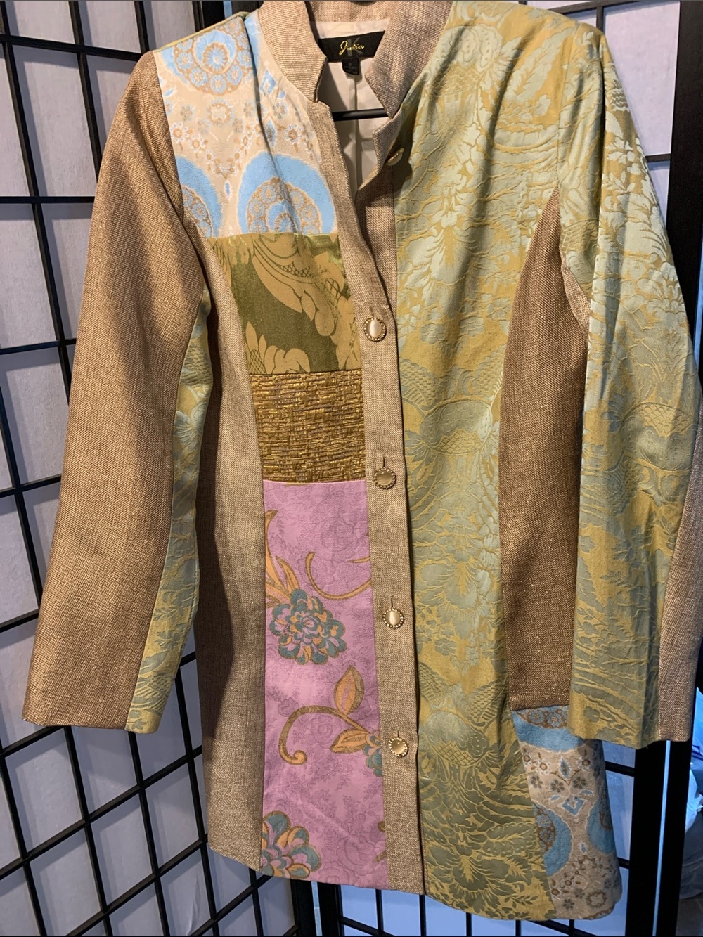Julia Kim Patchwork Long Button Front Jacket in Gold, Sage & Lavender Size S